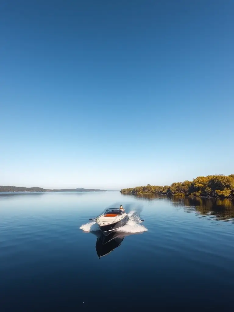 A sleek boat sailing on a calm lake during a sunny day, illustrating boat insurance.
