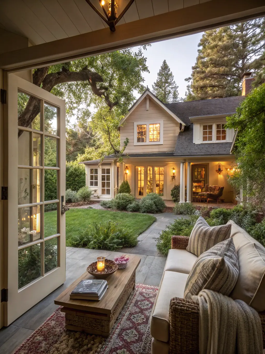 A cozy, well-lit house with a family visible through the window, representing the security of home insurance.