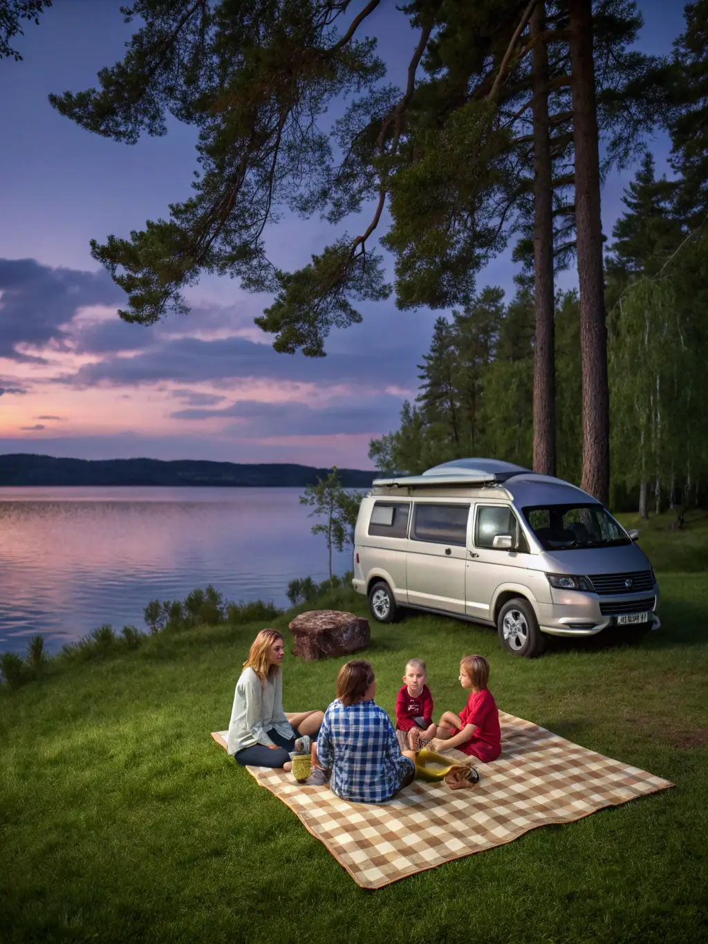A family happily camping in their RV at a scenic campsite, highlighting the adventure and security of RV insurance.