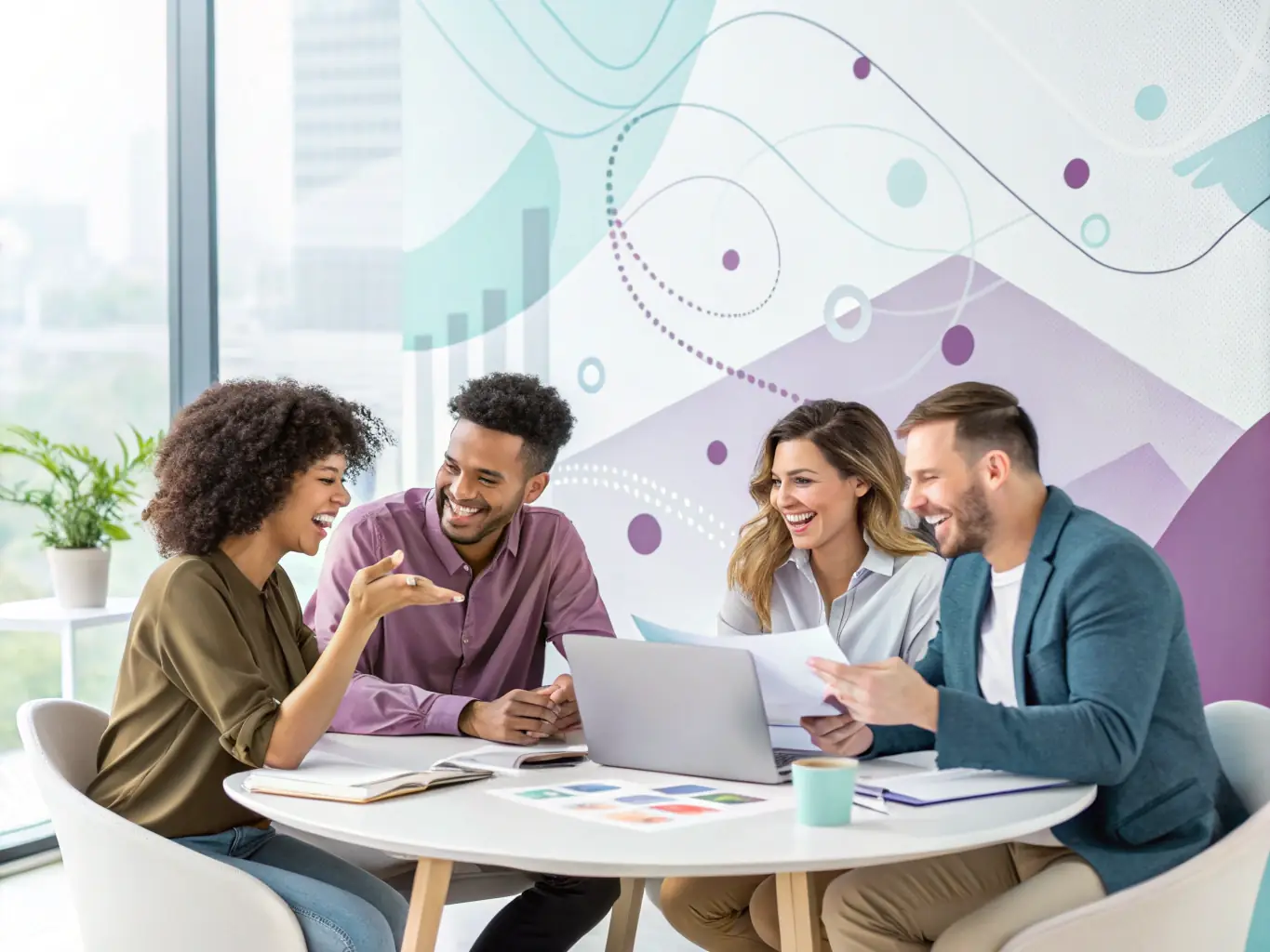 A diverse group of people working together in a modern office space, representing the collaborative and supportive environment of Cadabra Asset Protection.