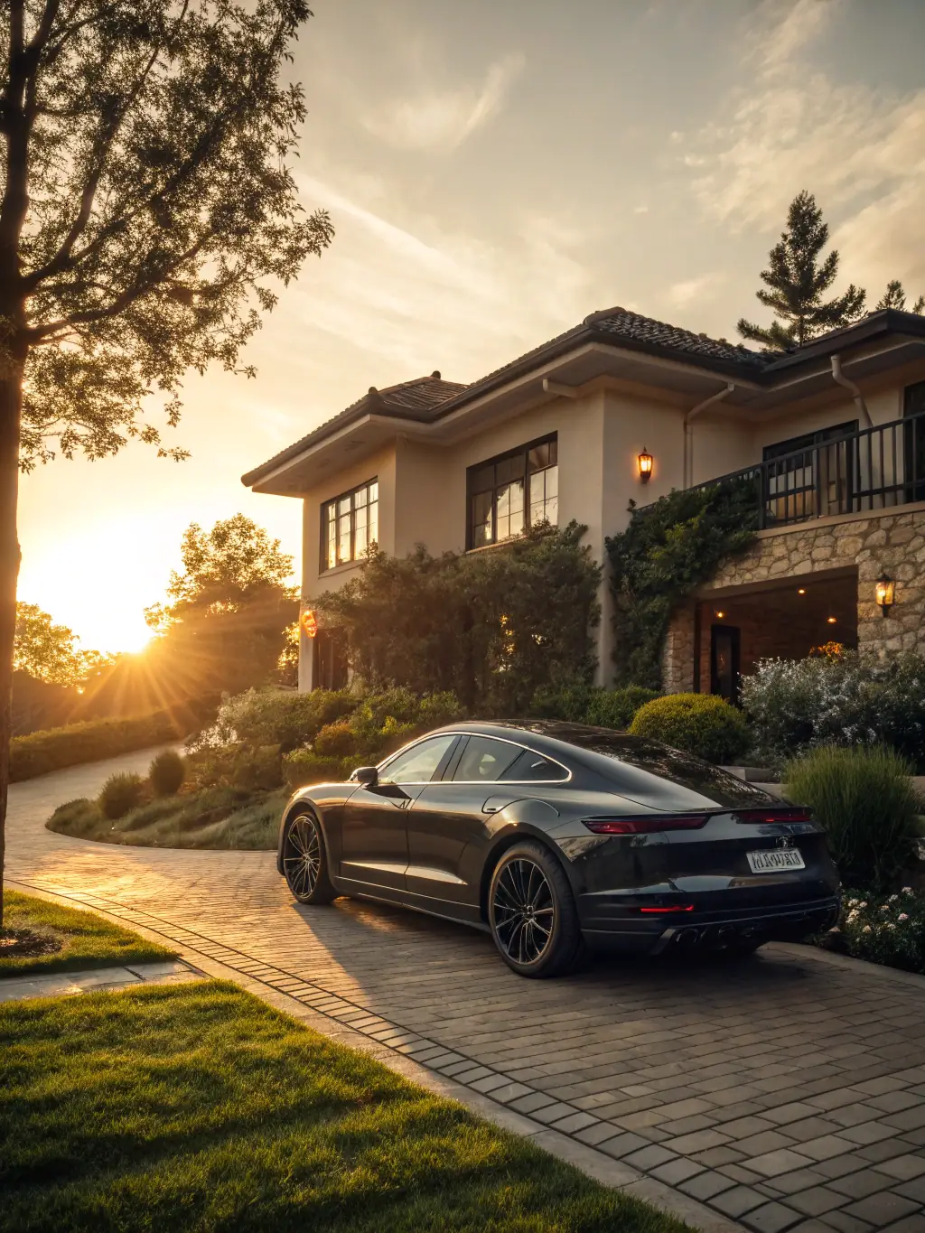 A modern car parked in a driveway in front of a well-maintained suburban home, symbolizing auto insurance coverage.
