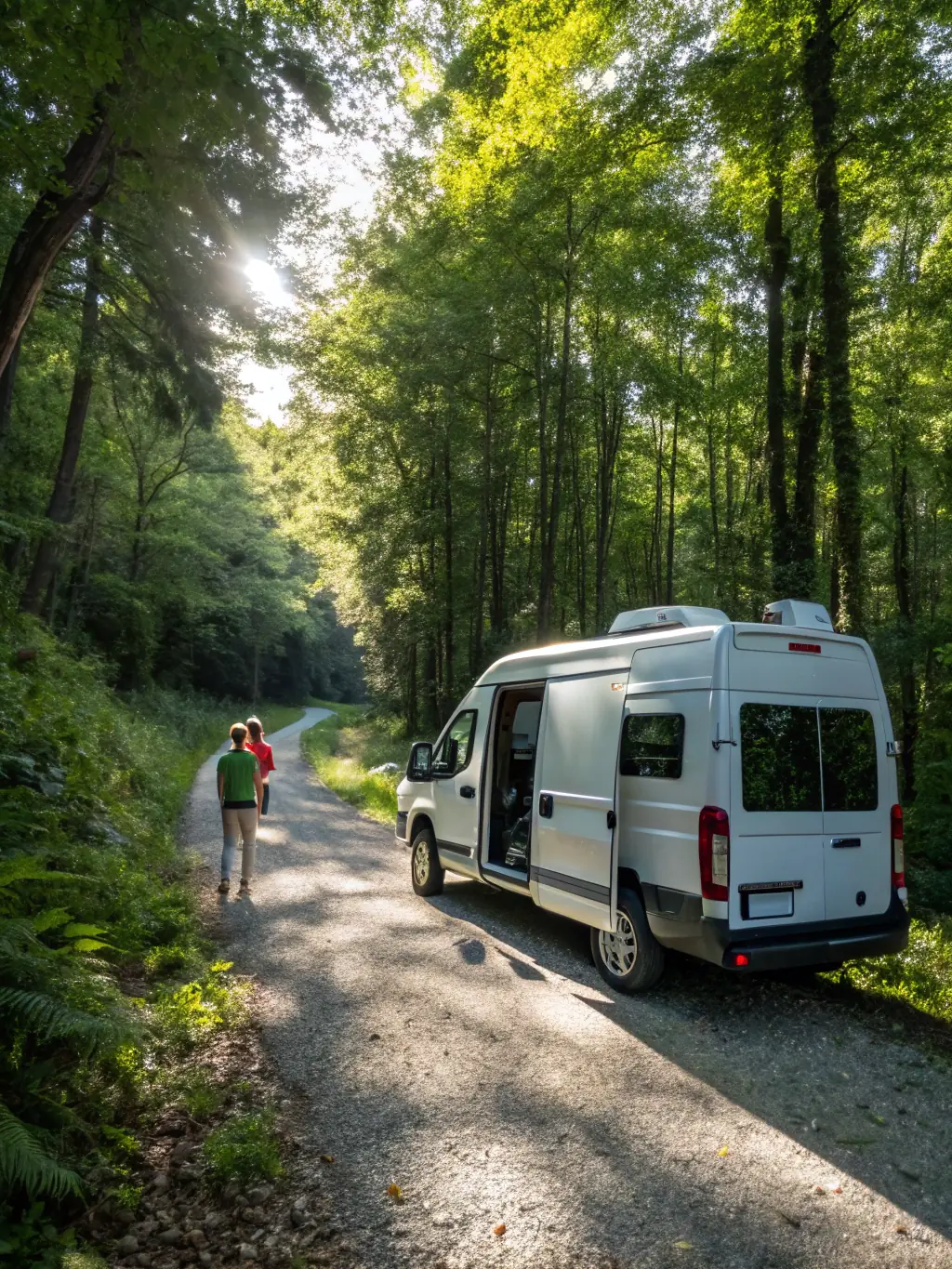 A modern RV parked at a scenic campsite with mountains in the background, representing RV insurance.