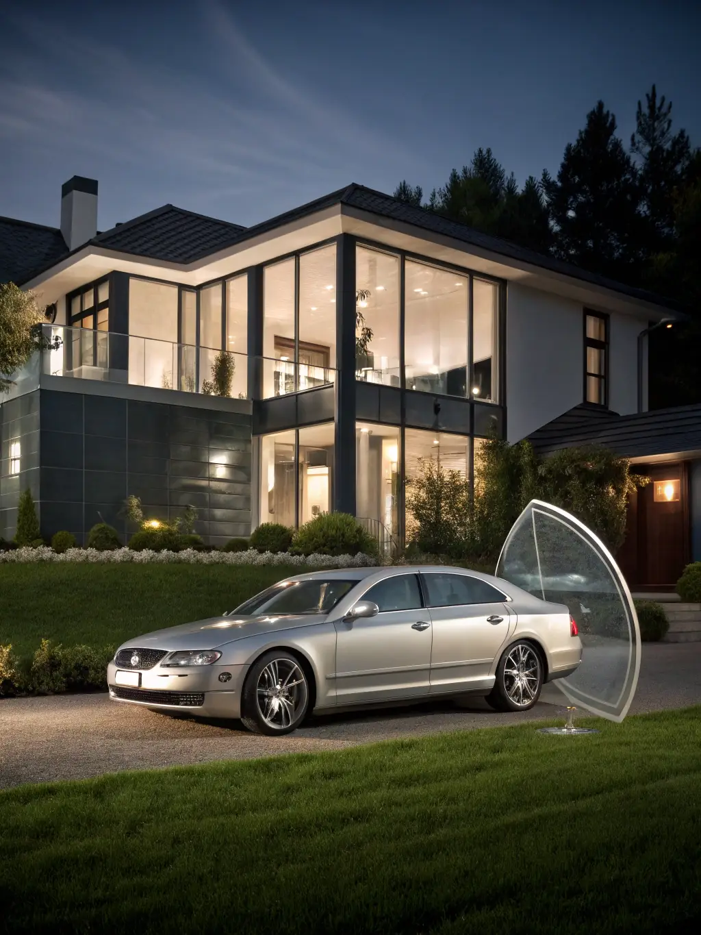 A modern car parked in a driveway in front of a well-maintained suburban home, symbolizing auto insurance coverage.