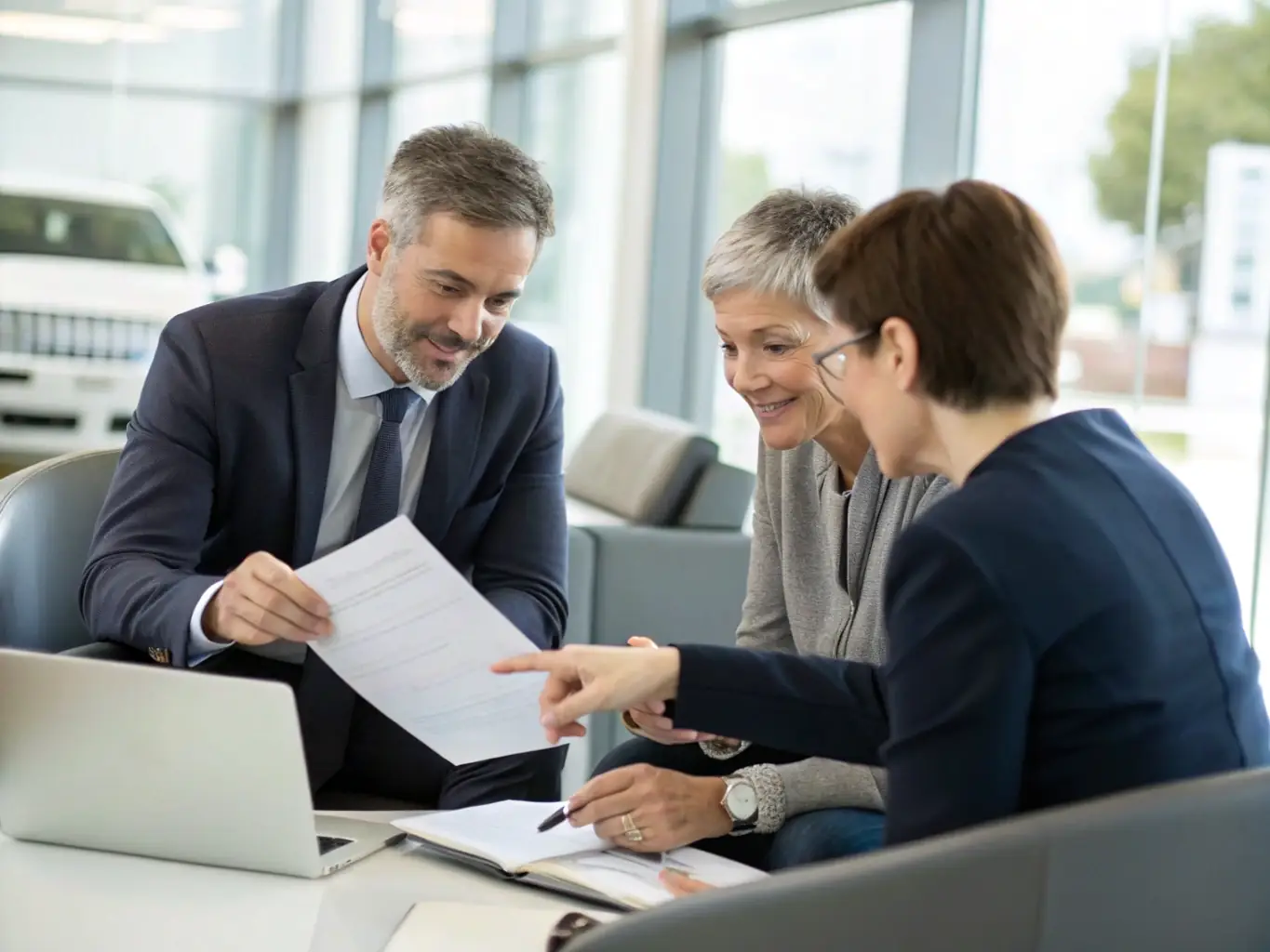 An image of a business owner reviewing insurance documents with a professional in an office setting.