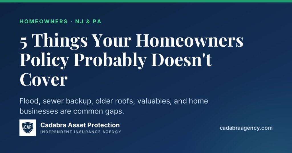Five common homeowners policy gaps: flood, sewer backup, older roofs, valuables, and home businesses