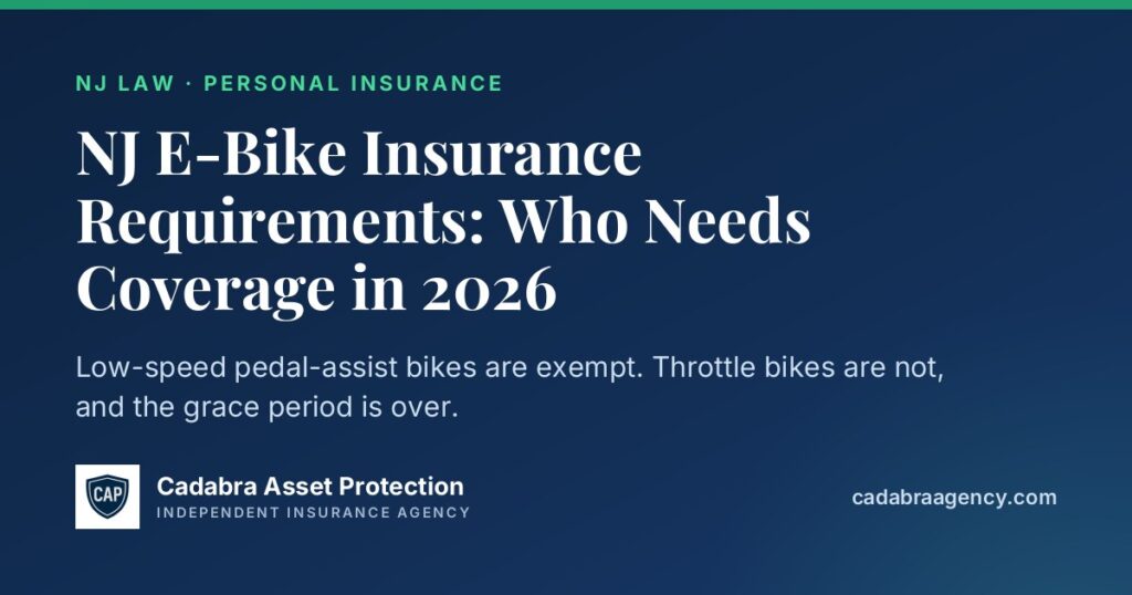 NJ e-bike insurance requirements: low-speed pedal-assist bikes are exempt, throttle bikes need insurance
