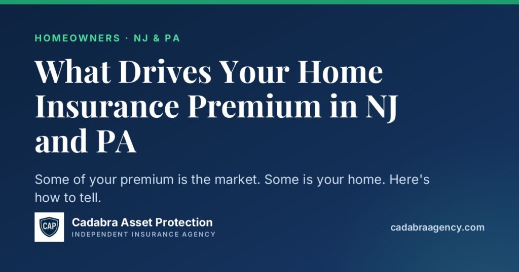 Title card: What Drives Your Home Insurance Premium in NJ and PA, Cadabra Asset Protection
